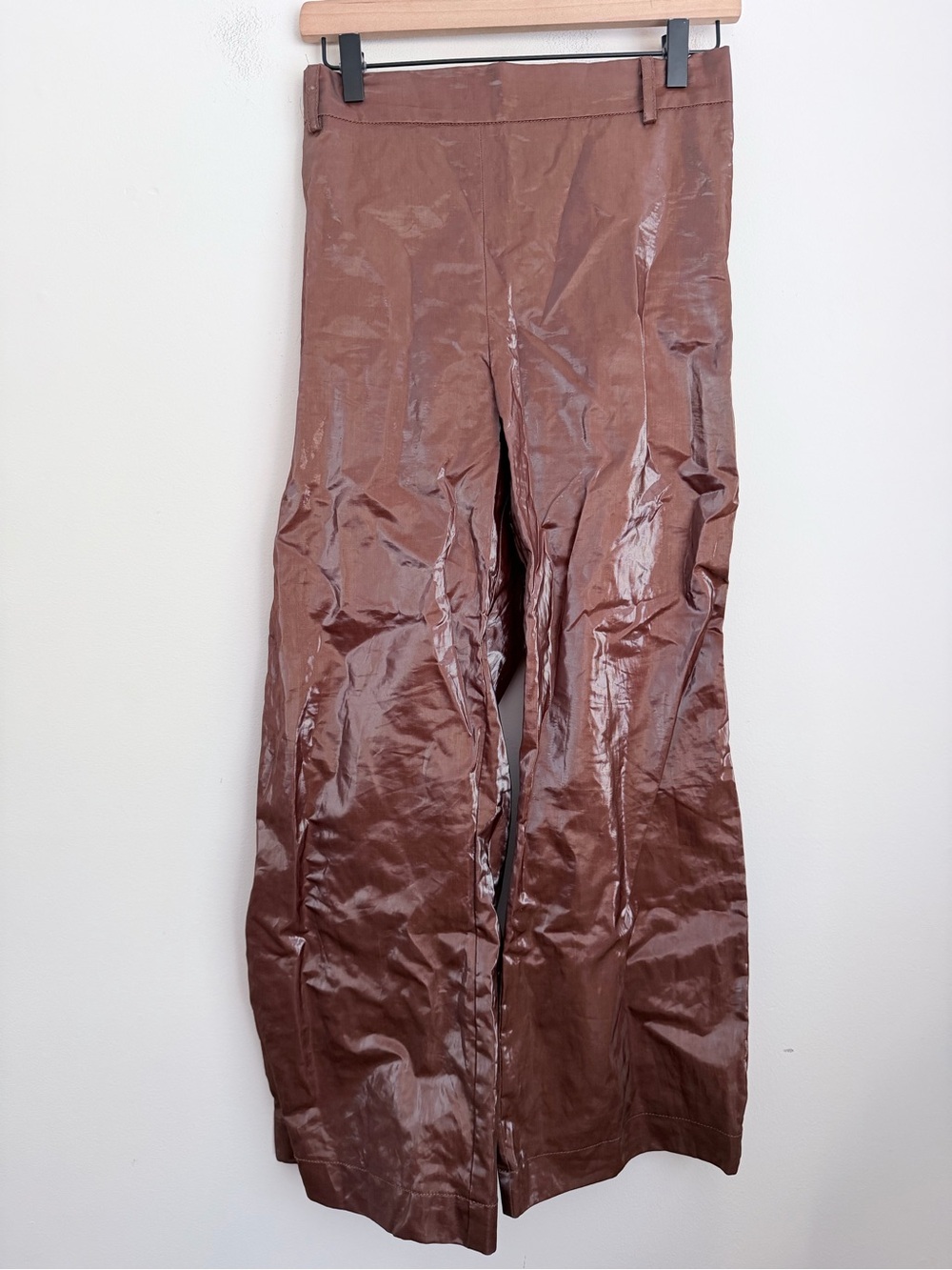 TER ET BANTINE brown glossy ramie pants straight leg elastic waist
